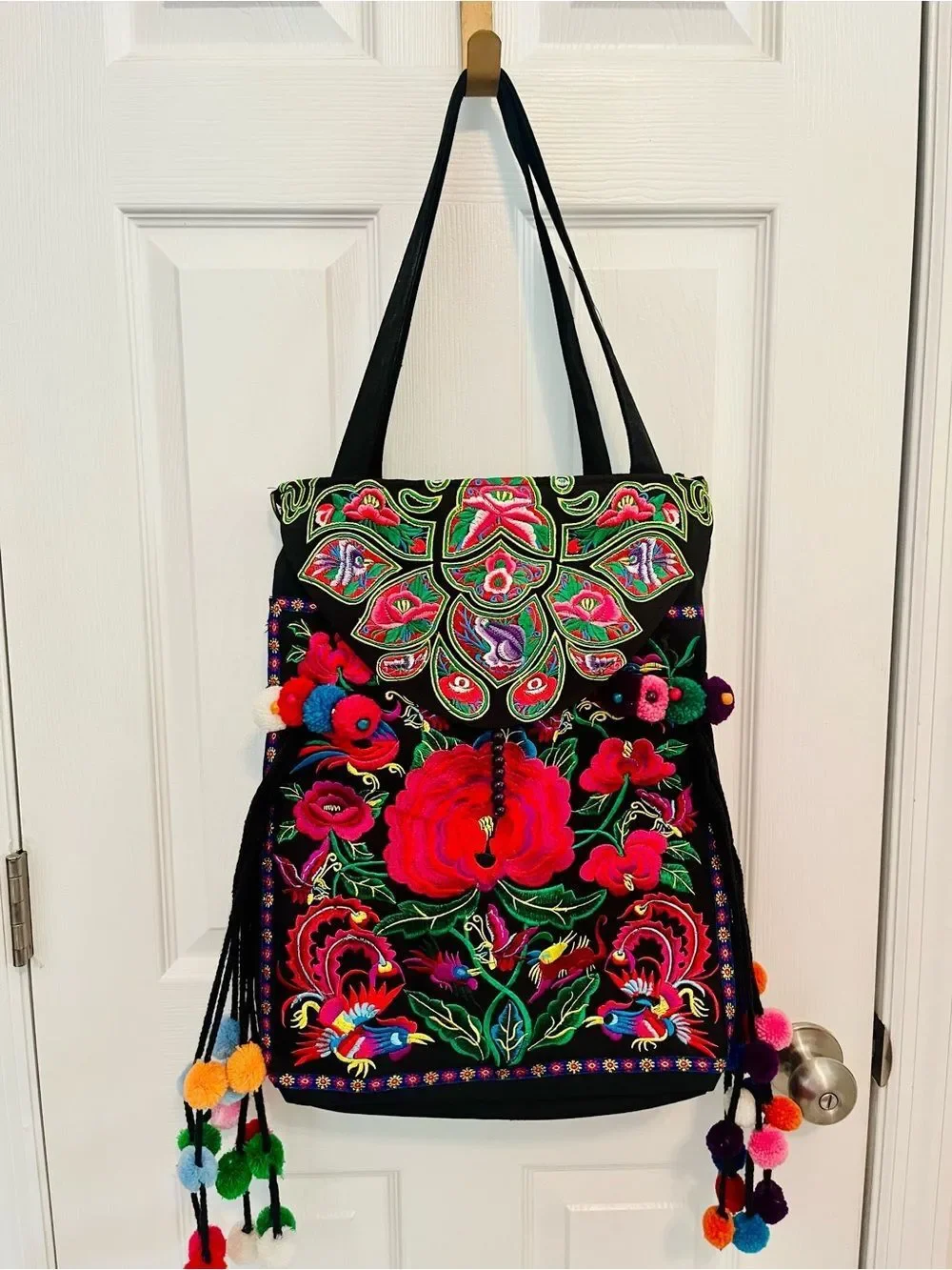 Boho Embroidered Floral & Bird Convertible Tote Backpack w/Pom Pom Tassels NWOT
